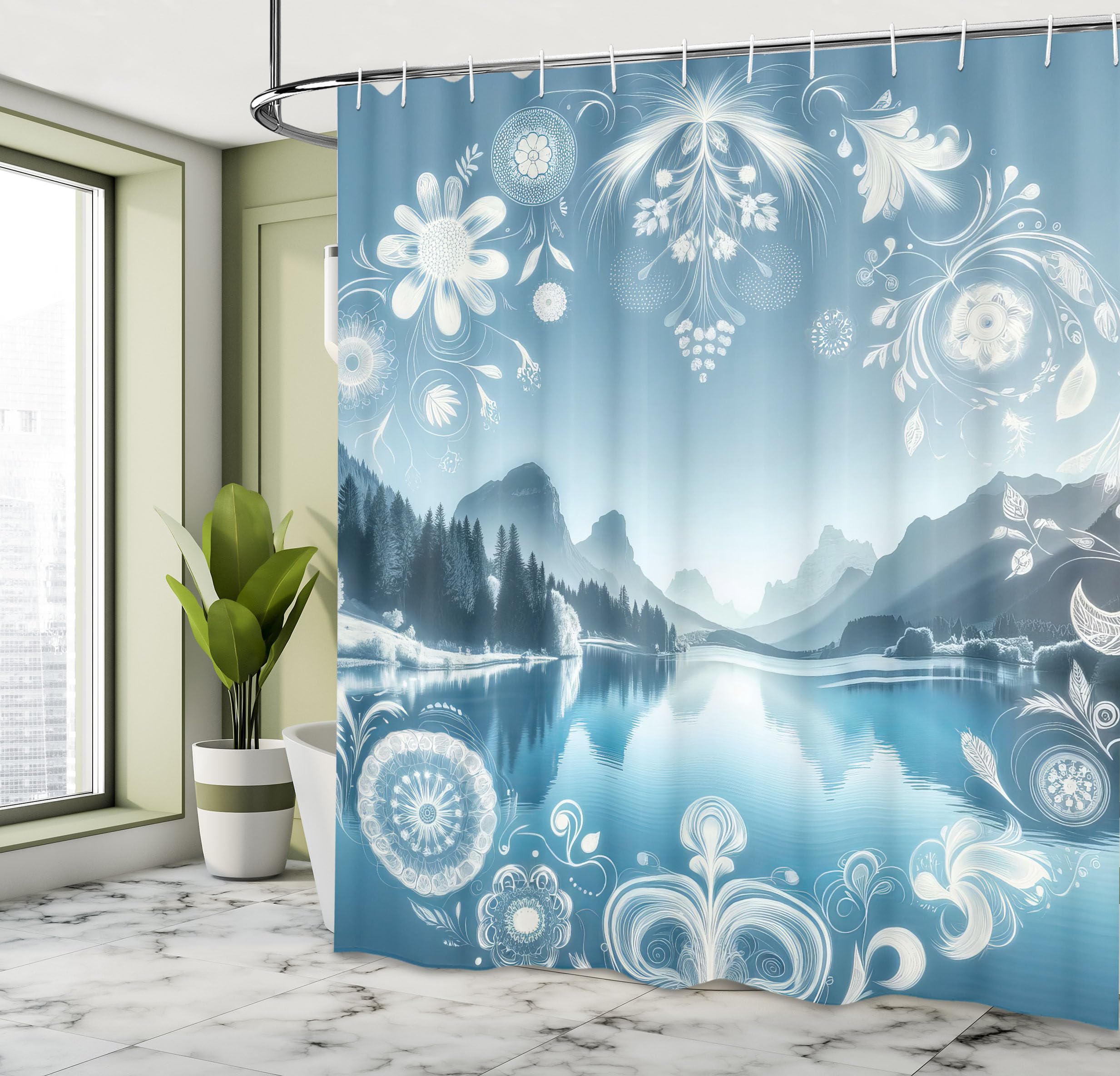Ambesonne Lake Shower Curtain, Panoramic Nature View Mountains Woodland Folkloric Floral Wreath Ornaments, Cloth Fabric Bathroom